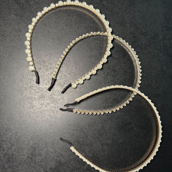 Accessories - Set of 3 Faux Pearl and gold Beaded Hair Hoop - 358